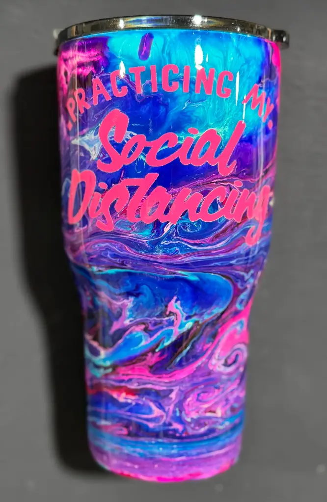 🌈 30 oz Stainless Steel Tumbler – “Practicing My Social Distancing” Tie-Dye Swirl